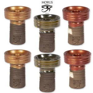Conjunto de 6 cazoletas de barro Horus para shisha, en colores variados y diseño artesanal con logo grabado.