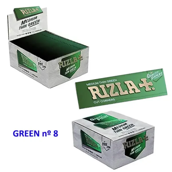 Papel de liar Rizla Nº 8 Green tamaño regular con esquinas cortadas.